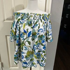 Cece Floral Linen Blend Of Or On Shoulder Top Size Medium